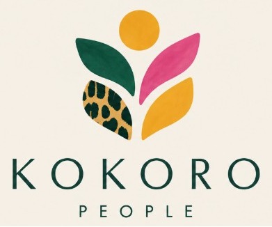 Kokoro People logo: leaves in green, pink, mustard and leopard print under a sun
